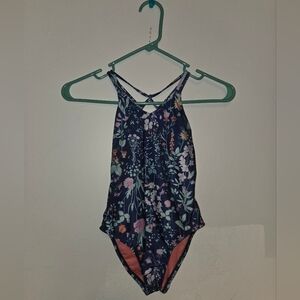 Heart And Harmony Floral Kids One Piece Swimsuit - Navy and Pink 7